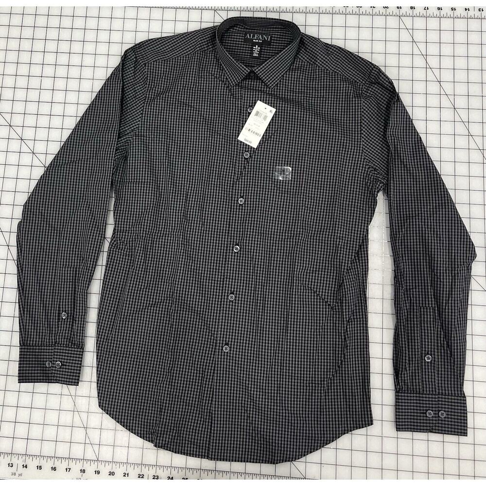 Alfani Slim Fit Medium 15-15 1/2Button Up Dress Shirt Black And Grey Checked R9